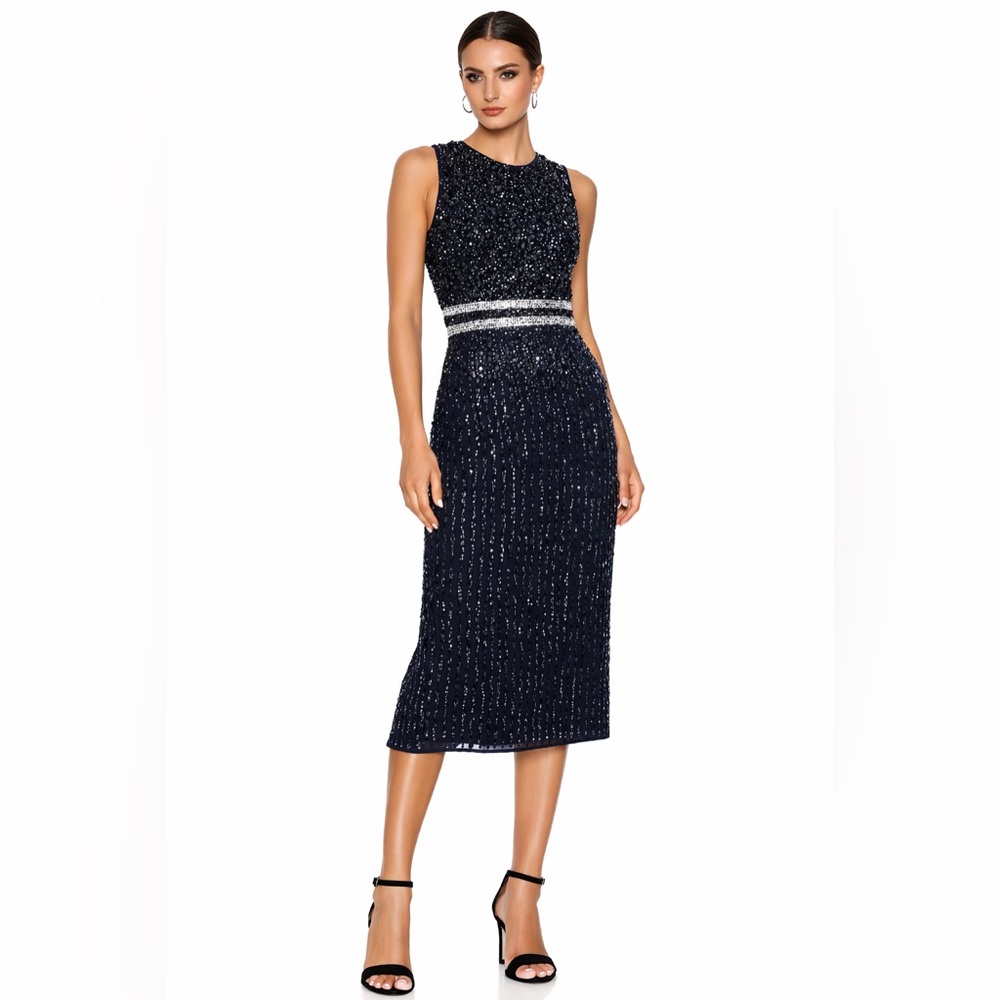 Mac Duggal Style A10509 Navy Sleeveless Beaded Midi Sheath‎ Dress Size 4 New